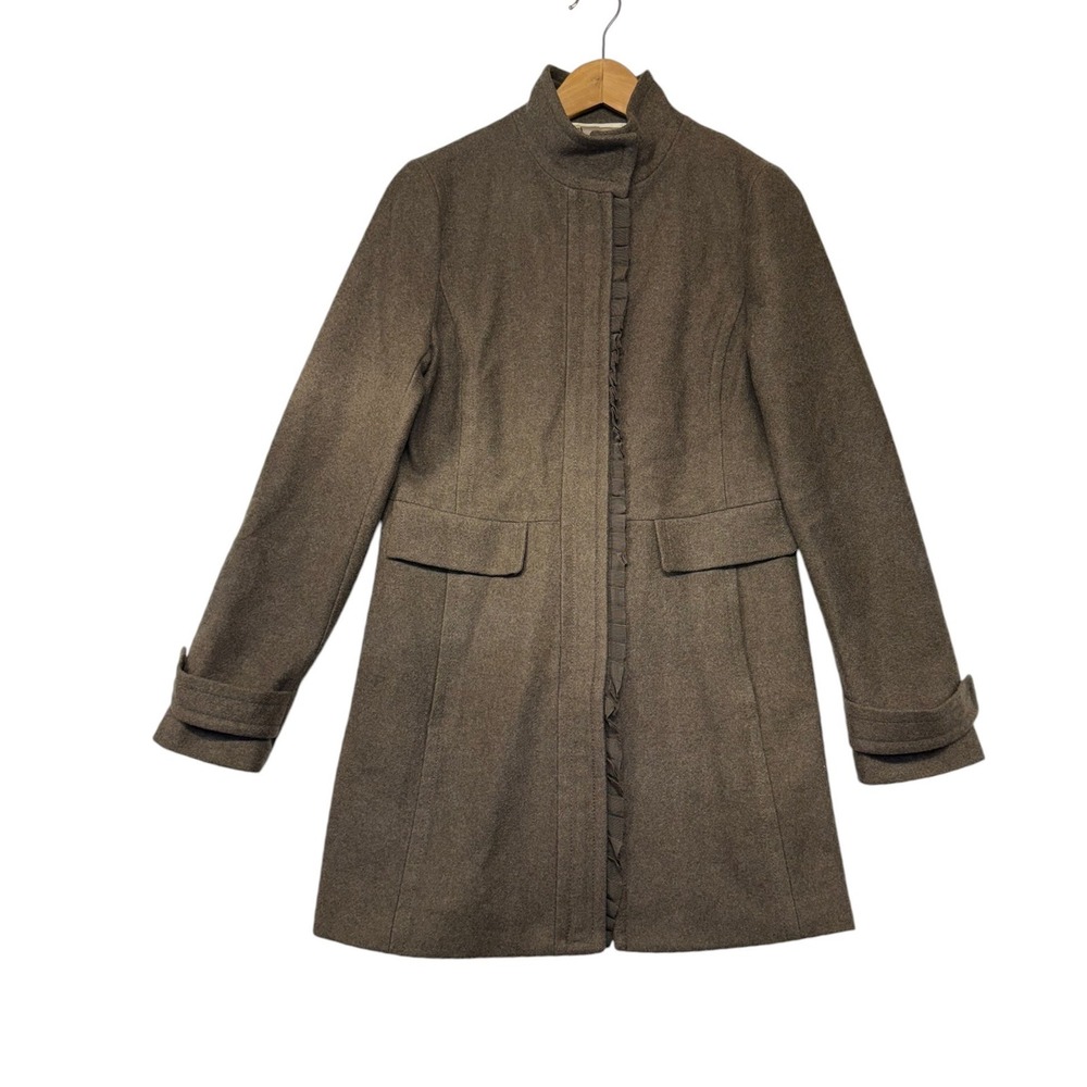 Banana Republic‎ Brown Italian Fabric Ruffle Trim Funnel Neck Wool Coat Womens M
